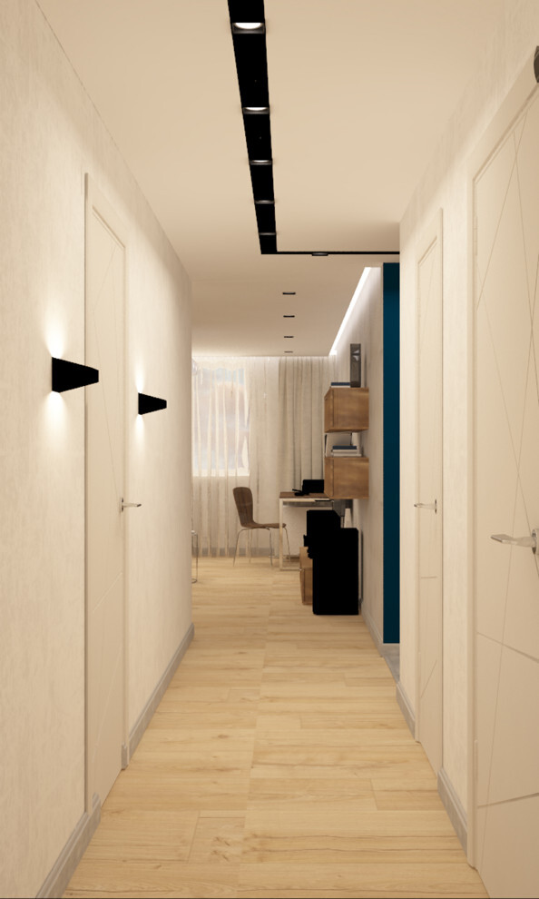 Интерьер коридора с проходной, световыми линиями, подсветкой настенной и подсветкой светодиодной в стиле лофт