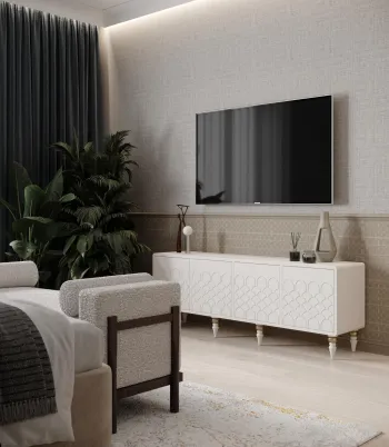 Интерьер спальни с телевизором на стене  смотреть на Basicdecor