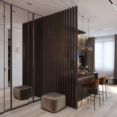 Интерьер гостиной с зонированием рейками  смотреть на Basicdecor