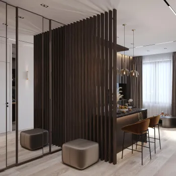 Интерьер гостиной с зонированием рейками  смотреть на Basicdecor