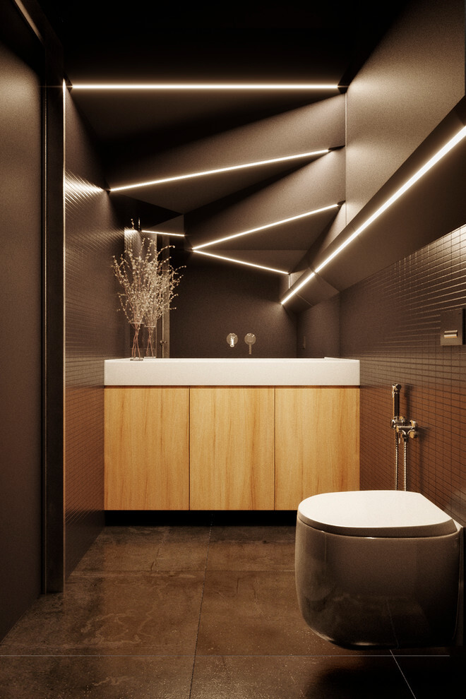 Интерьер ванной cветовыми линиями, подсветкой настенной, подсветкой светодиодной и с подсветкой в современном стиле