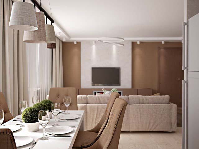 Интерьер гостиной cветовыми линиями, переговорной, светильниками над столом, подсветкой настенной и подсветкой светодиодной