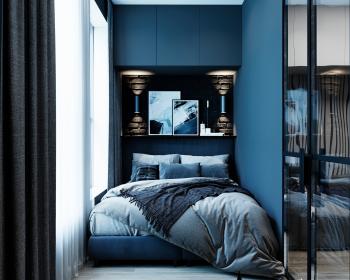 Интерьер спальни с шкафом над кроватью и шкафом у кровати в современном стиле, в стиле лофт и брутальном