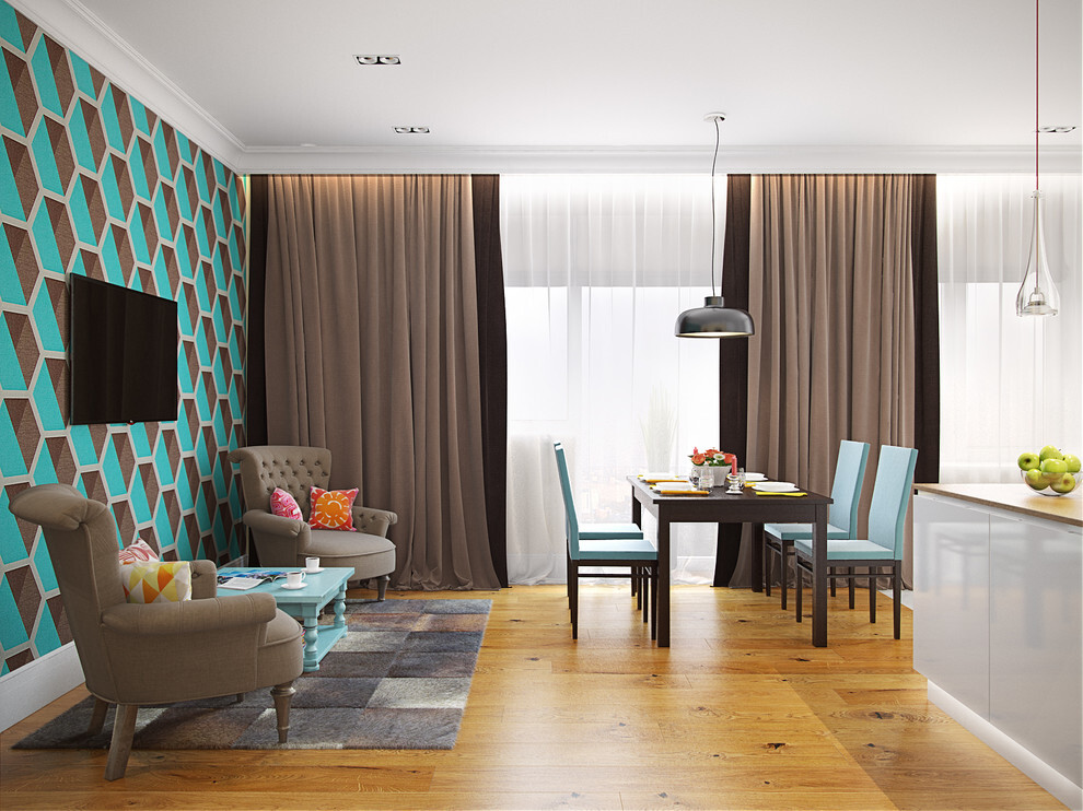Интерьер гостиной с зонированием шторами и вертикальными жалюзи в современном стиле