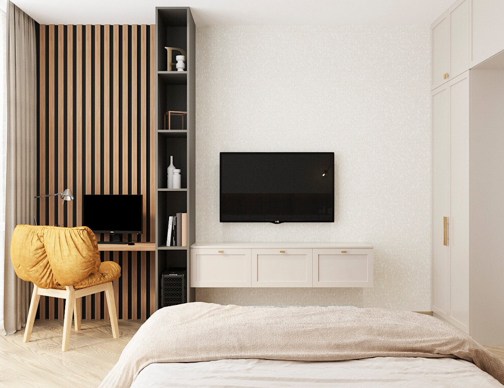 Интерьер спальни c рабочим местом, стеной с телевизором, телевизором на стене, нишей для телевизора и керамогранитом на стену с телевизором в современном стиле