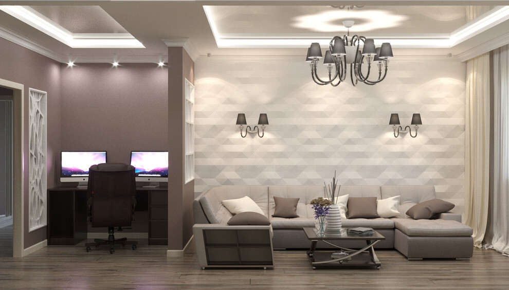 Интерьер гостиной c рабочим местом, световыми линиями, подсветкой настенной и подсветкой светодиодной в современном стиле