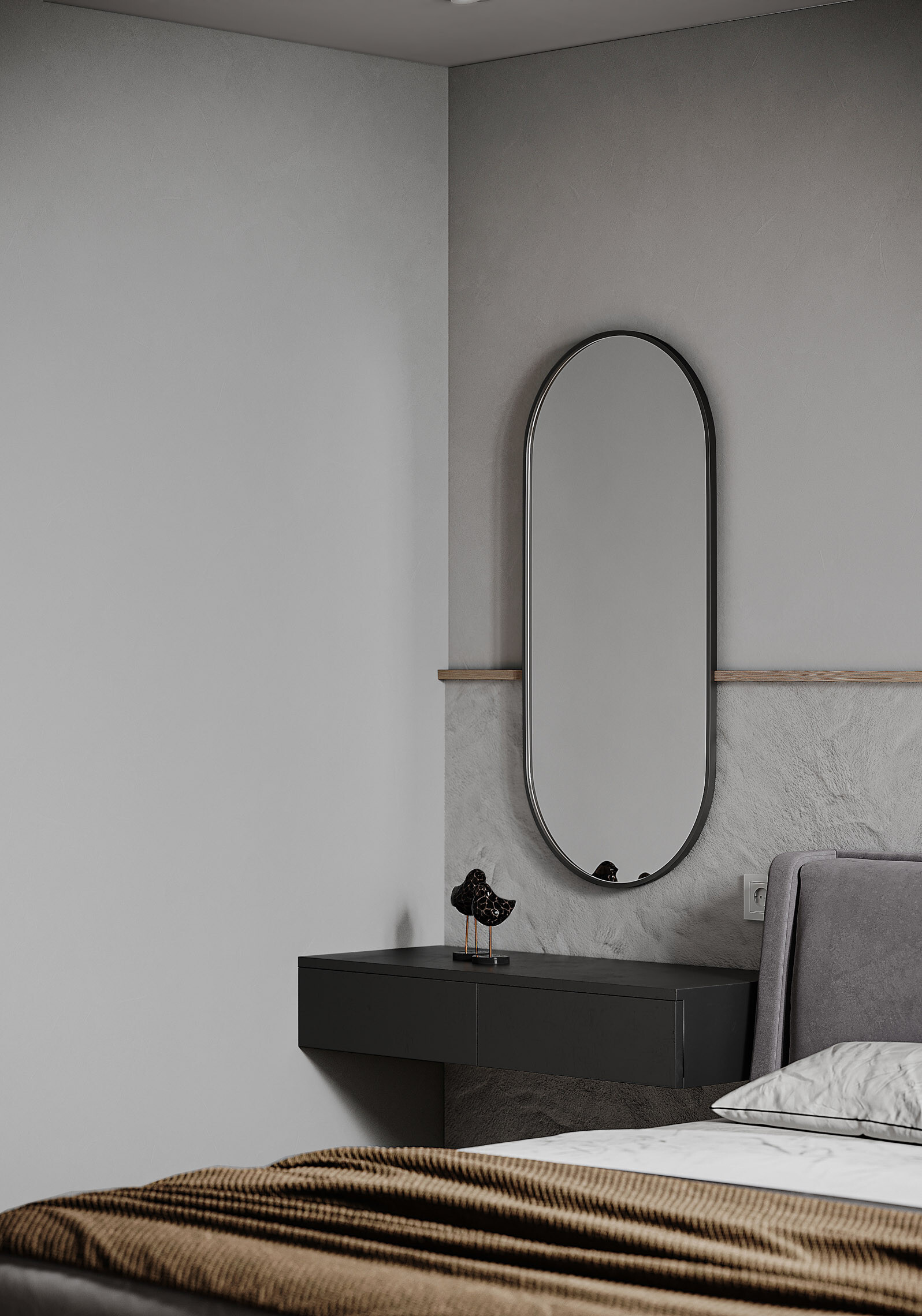 Интерьер ванной с зеркалом над комодом