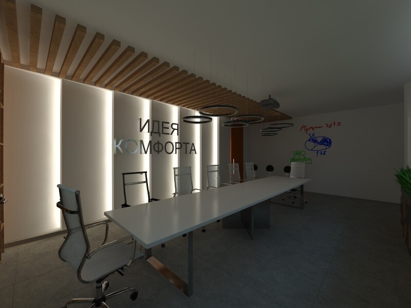 Интерьер офиса с нишей с подсветкой, рейками с подсветкой, подсветкой настенной, подсветкой светодиодной, подсветкой рабочей зоны и с подсветкой