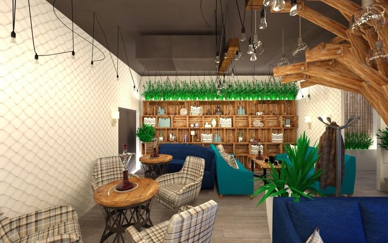 Интерьер кафе и ресторана c рабочим местом и зоной ожидания для посетителей в стиле лофт