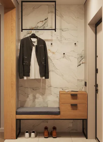 Интерьер прихожей с проходной и хранением верхней одежды  смотреть на Basicdecor