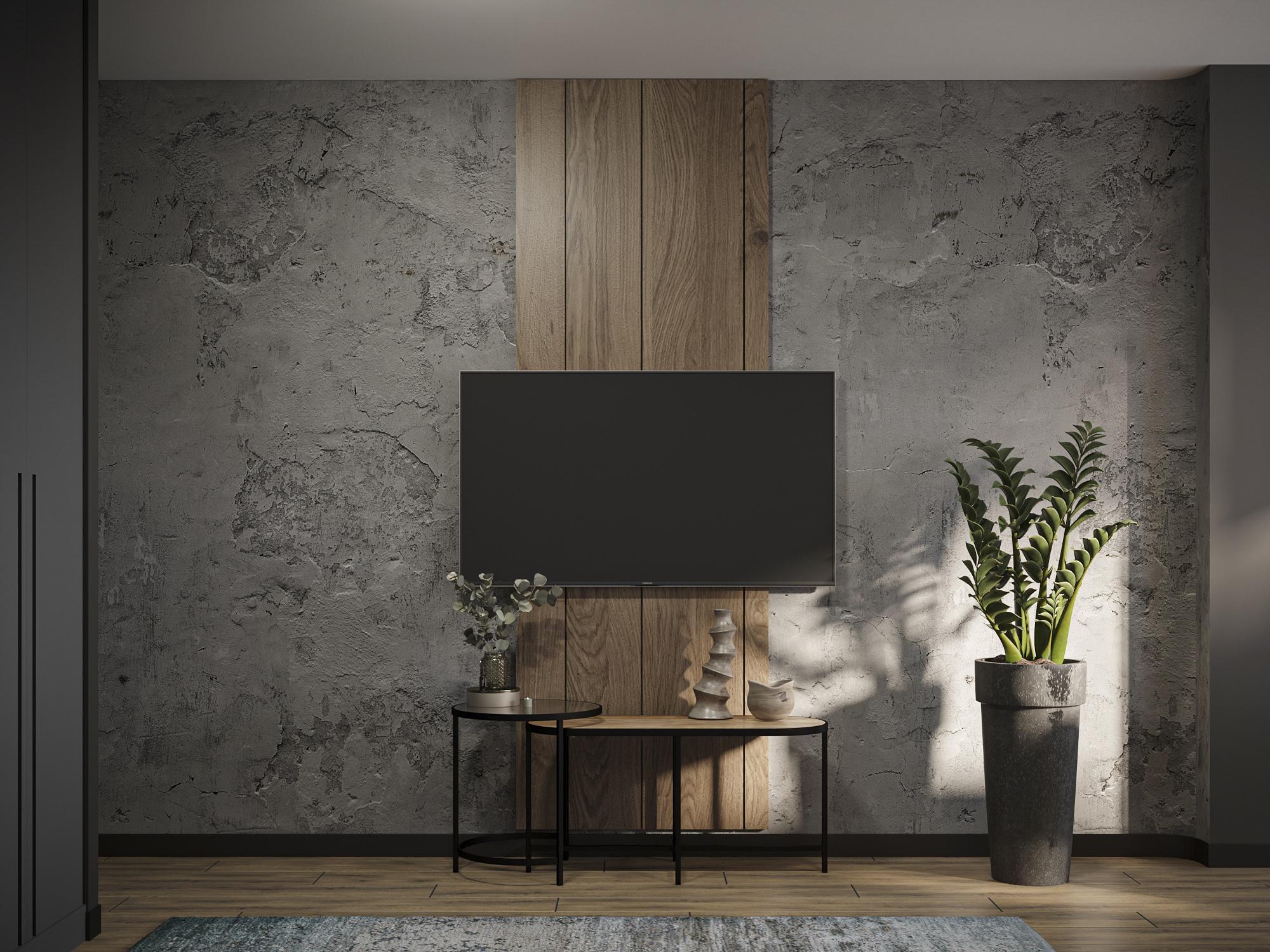 Интерьер cтеной с телевизором, телевизором на рейках, телевизором на стене и керамогранитом на стену с телевизором