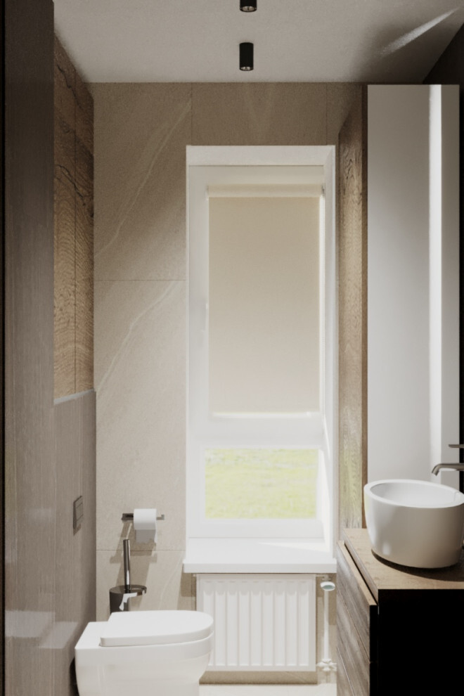 Интерьер ванной с жалюзи и дверными жалюзи в современном стиле