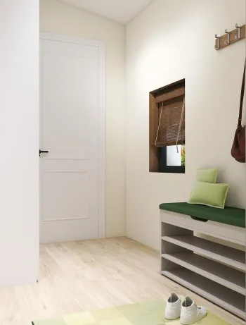 Интерьер прихожей с зеркалом на двери и дверными жалюзи  смотреть на Basicdecor
