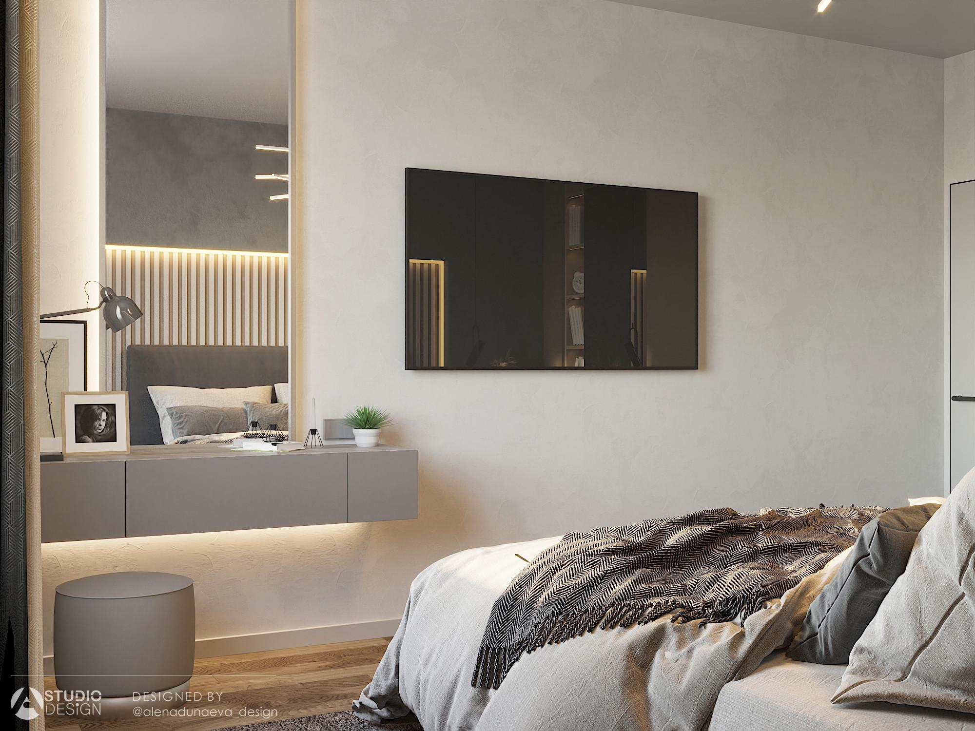 Интерьер спальни с керамогранитом на стену с телевизором, подсветкой настенной и подсветкой светодиодной в современном стиле