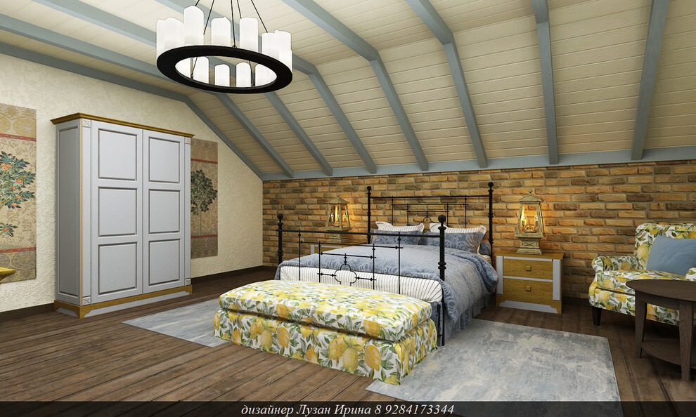 Интерьер спальни с в деревянном доме в стиле кантри и средиземноморском