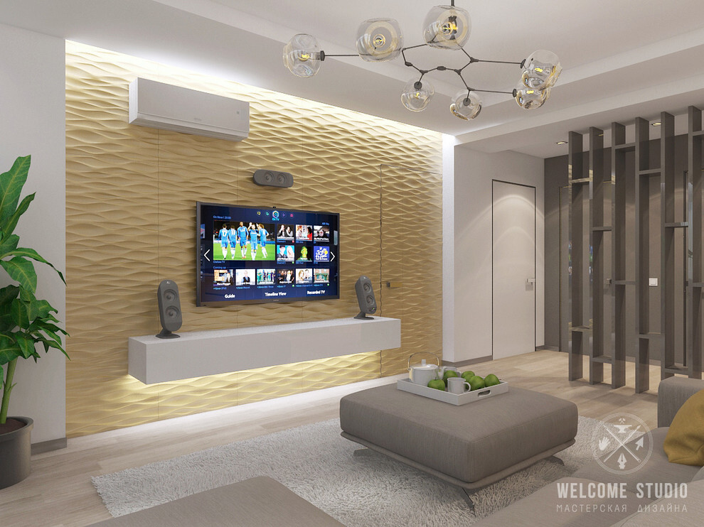 Интерьер гостиной cтеной с телевизором, телевизором на стене, керамогранитом на стену с телевизором, рейками с подсветкой, подсветкой настенной и подсветкой светодиодной в модернизме