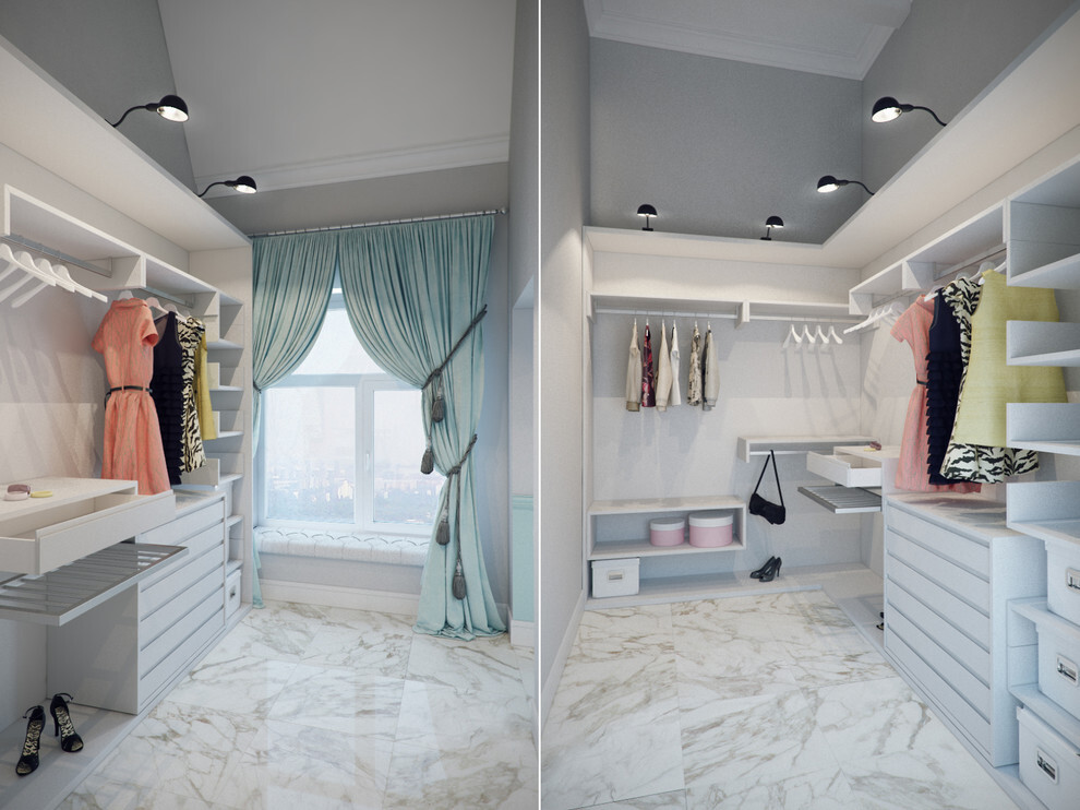 Интерьер гардеробной с гардеробной и гардеробной со шторой в классическом стиле
