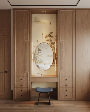 Интерьер спальни с зеркалом на двери  смотреть на Basicdecor