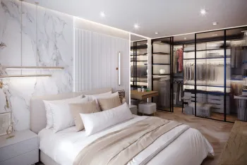 Интерьер спальни cветильниками над кроватью и с подсветкой  смотреть на Basicdecor