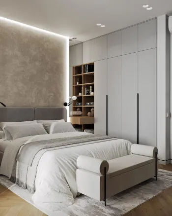 Интерьер спальни с нишей с подсветкой, светильниками над кроватью, с подсветкой и акцентной стеной за кроватью  смотреть на Basicdecor