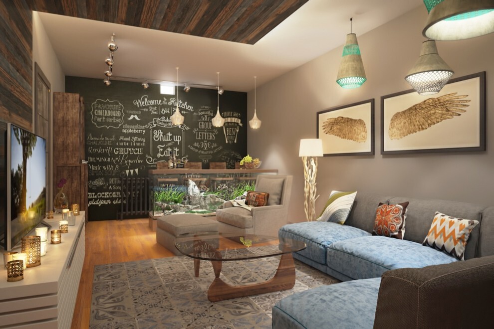 Интерьер гостиной с в деревянном доме, проходной, подсветкой настенной и подсветкой светодиодной в современном стиле и в стиле лофт