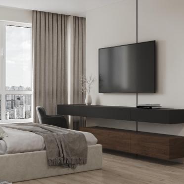 Интерьер спальни с телевизором на стене  смотреть на Basicdecor
