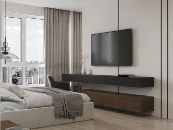 Интерьер спальни с телевизором на стене  смотреть на Basicdecor
