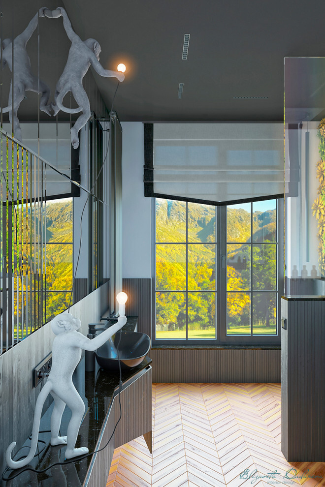 Интерьер с жалюзи, вертикальными жалюзи и дверными жалюзи в современном стиле