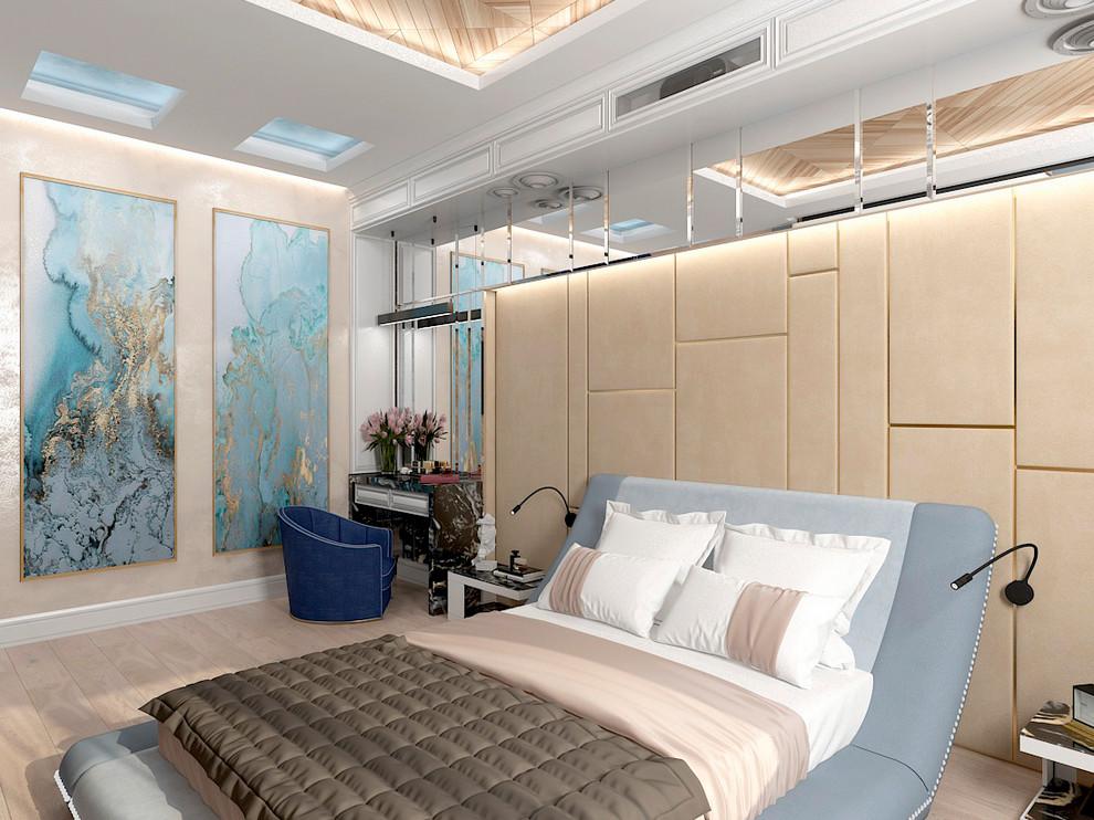 Интерьер спальни с подсветкой настенной, подсветкой светодиодной, светильниками над кроватью и с подсветкой в стиле фьюжн