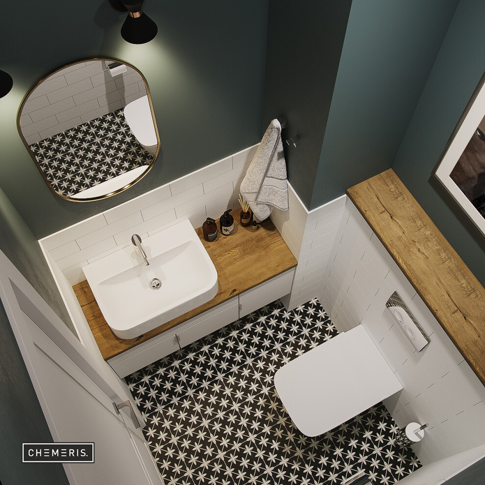 Интерьер ванной cовмещенным санузлом в стиле лофт, скандинавском стиле и в стиле кантри