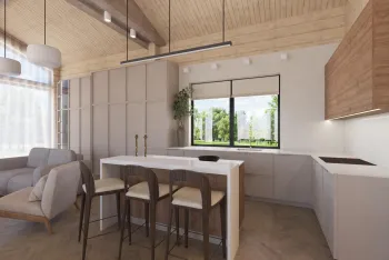 Интерьер кухни cветильниками над столом  смотреть на Basicdecor
