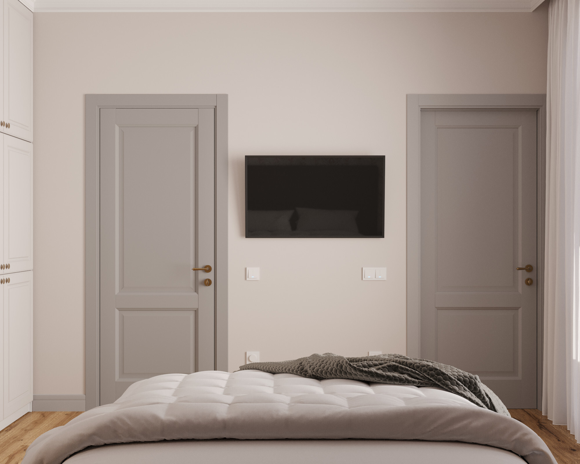 Интерьер спальни cтеной с телевизором, телевизором на стене, керамогранитом на стену с телевизором и подсветкой настенной в восточном стиле