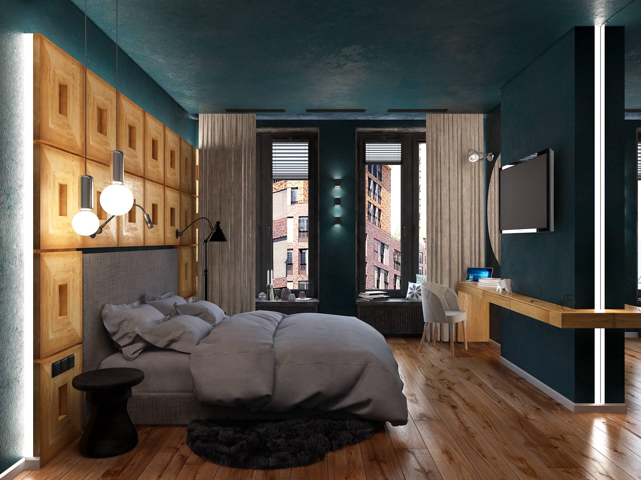 Интерьер спальни с подсветкой настенной в современном стиле и в стиле лофт