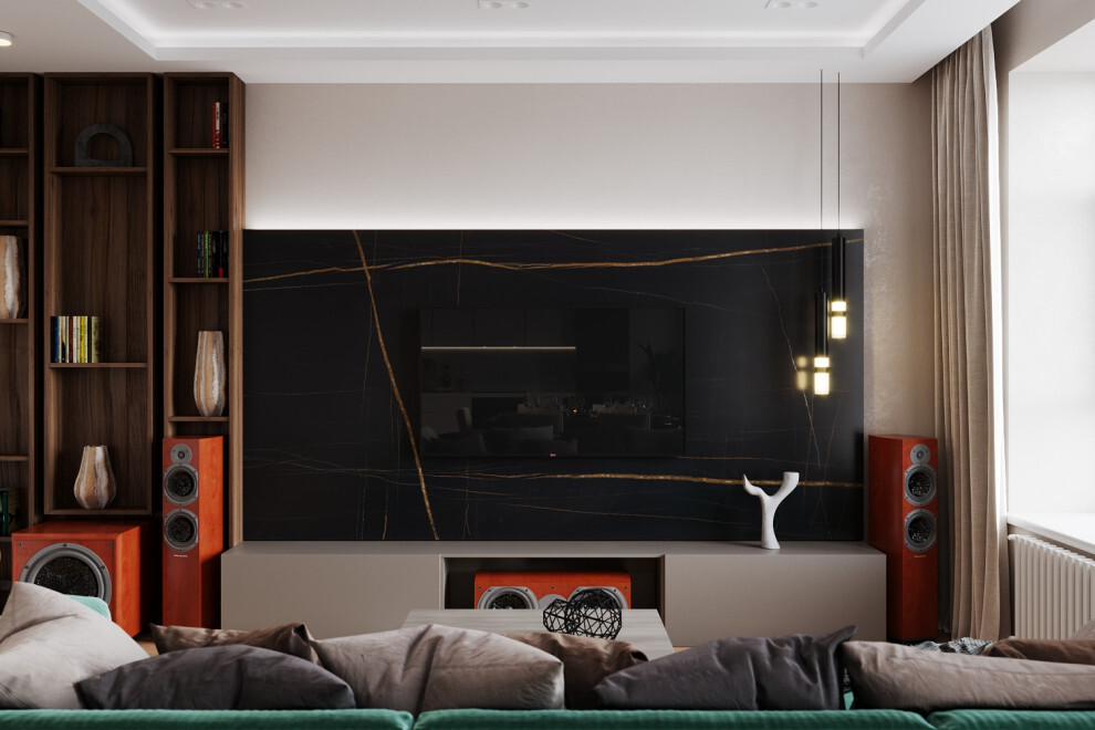 Интерьер гостиной cтеной с телевизором, телевизором на стене, керамогранитом на стену с телевизором, подсветкой настенной, подсветкой светодиодной и с подсветкой в современном стиле