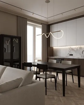Интерьер кухни cветильниками над столом  смотреть на Basicdecor