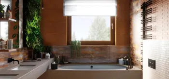Интерьер ванной с окном, жалюзи и дверными жалюзи  смотреть на Basicdecor