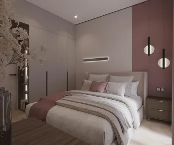 Интерьер спальни с нишей с подсветкой, подсветкой настенной, светильниками над кроватью и с подсветкой  смотреть на Basicdecor