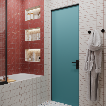 Интерьер ванной с душевой из плитки и нишей из плитки  смотреть на Basicdecor