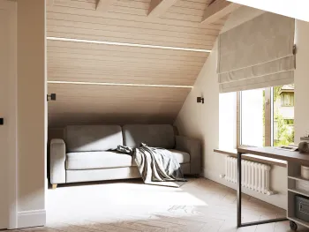 Интерьер кабинета с на мансарде и жалюзи  смотреть на Basicdecor