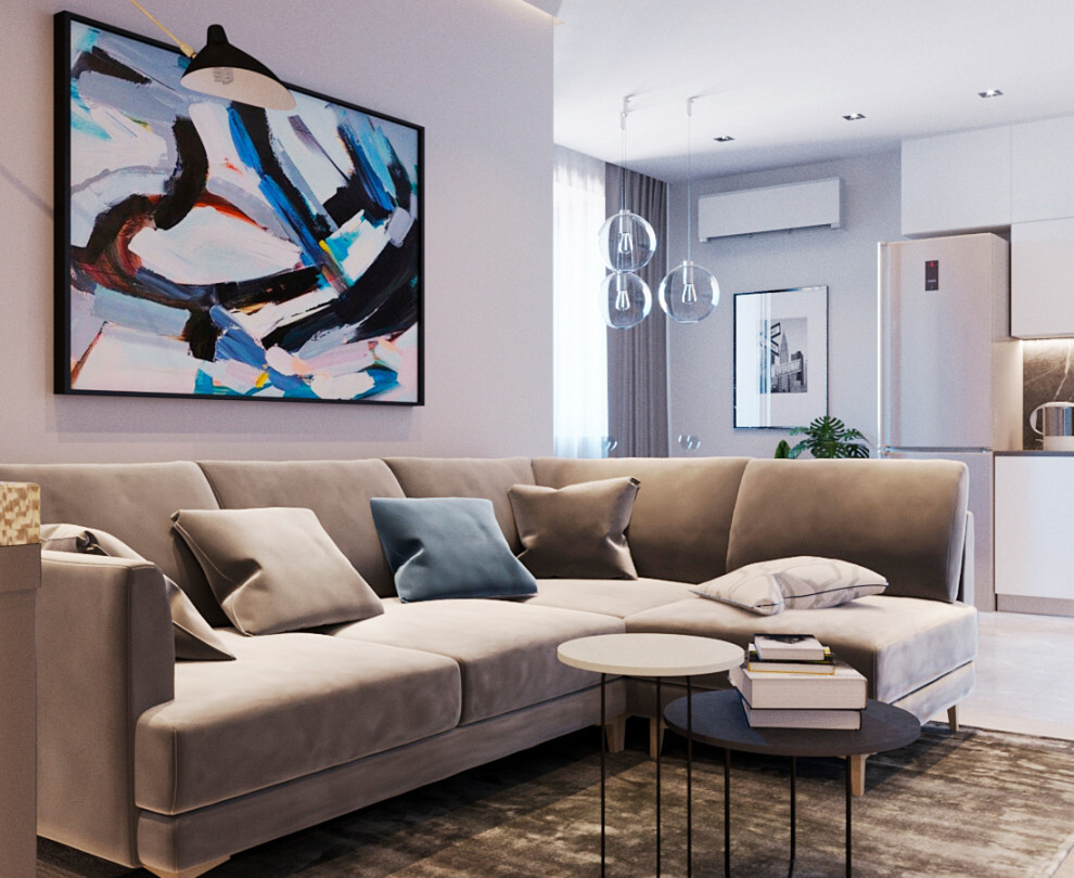 Интерьер гостиной с картинами над камином и подсветкой настенной в современном стиле