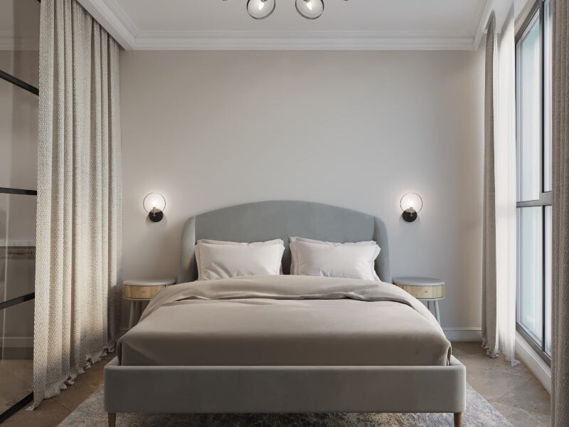 Интерьер спальни с подсветкой настенной, подсветкой светодиодной и светильниками над кроватью в современном стиле