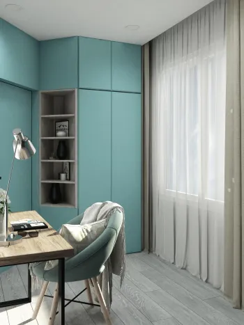 Интерьер кабинета с зонированием шторами  смотреть на Basicdecor