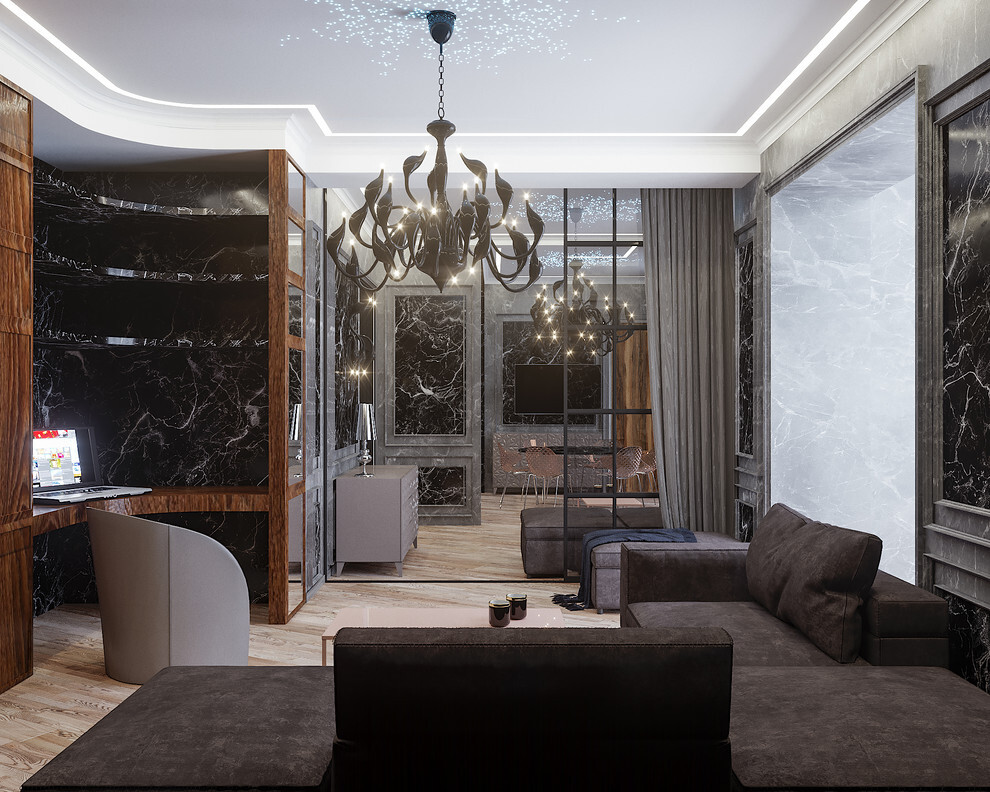 Интерьер гостиной cветовыми линиями, подсветкой настенной, подсветкой светодиодной и с подсветкой в модернизме