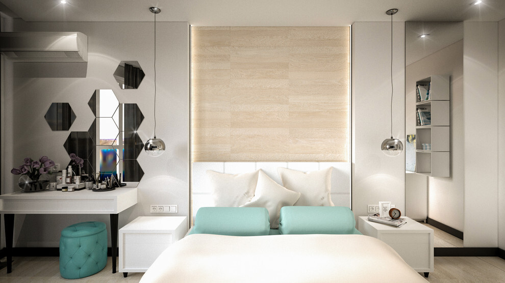 Интерьер спальни с жалюзи и вертикальными жалюзи в современном стиле