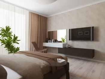 Интерьер спальни c рабочим местом в современном стиле смотреть на Basicdecor