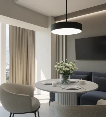 Интерьер гостиной cветильниками над столом  смотреть на Basicdecor