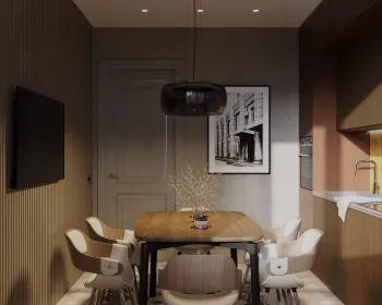 Интерьер кухни cветильниками над столом  смотреть на Basicdecor