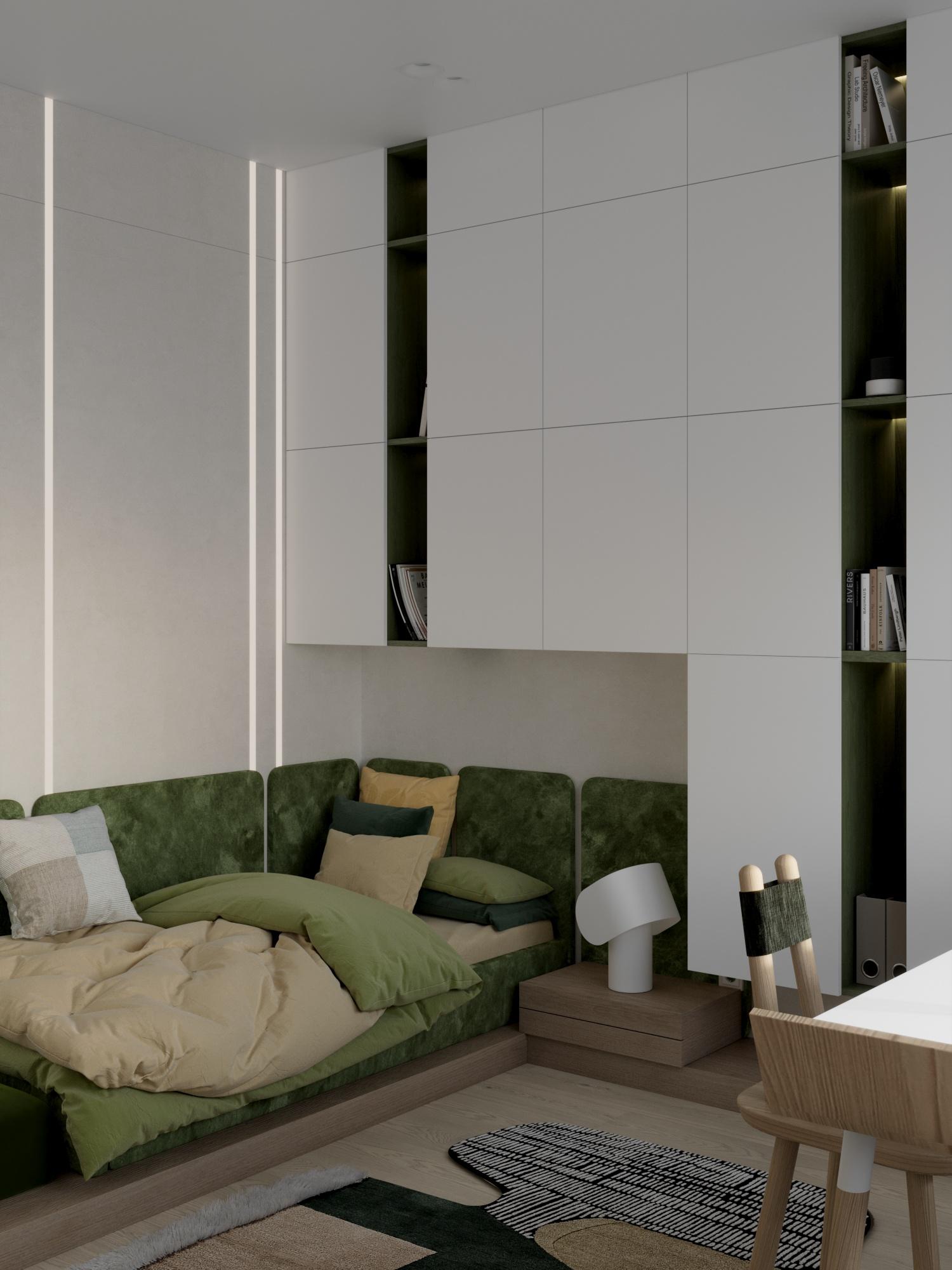Интерьер спальни с жалюзи, вертикальными жалюзи, подсветкой настенной, подсветкой светодиодной и дверными жалюзи