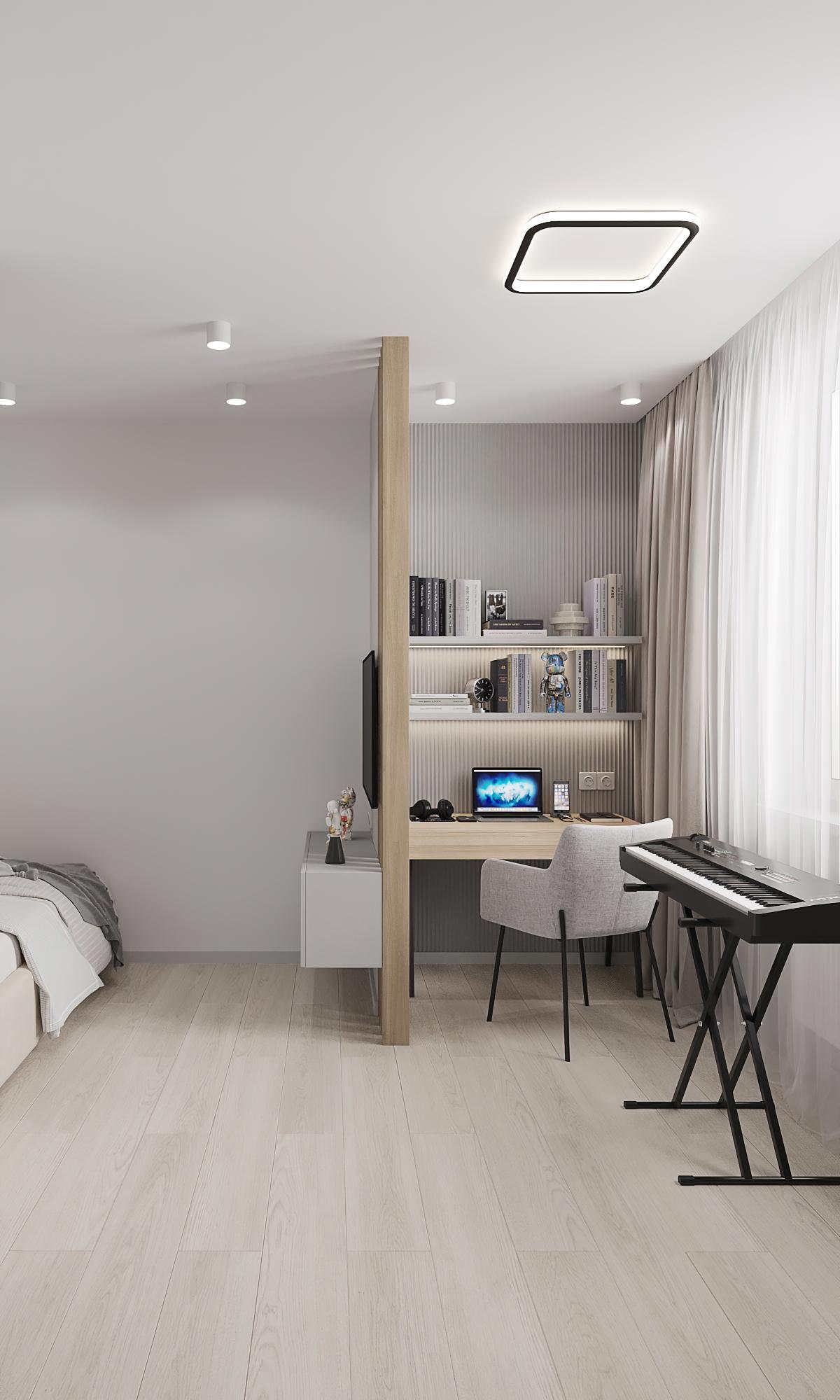 Интерьер спальни c рабочим местом, подсветкой настенной, подсветкой светодиодной, светильниками над кроватью и с подсветкой