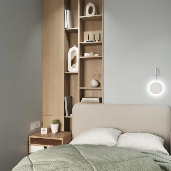 Интерьер гостиной с бра над кроватью, светильниками над кроватью, шкафом над кроватью и акцентной стеной за кроватью  смотреть на Basicdecor